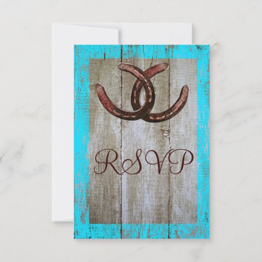 Rustige Blauwgroen Barn Wood Hoefijzer Wedding RSV RSVP Kaartje (Achterkant)