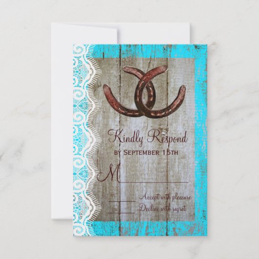 Rustige Blauwgroen Barn Wood Hoefijzer Wedding RSV RSVP Kaartje (Voorkant)