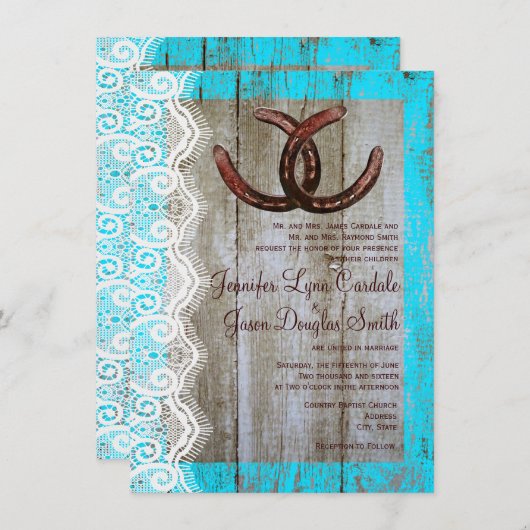 Rustige Blauwgroen Barn Wood Hoefijzer Wedding Uit Kaart (Voorkant / Achterkant)