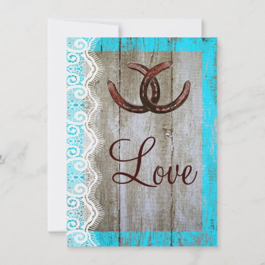 Rustige Blauwgroen Barn Wood Hoefijzer Wedding Uit Kaart (Achterkant)