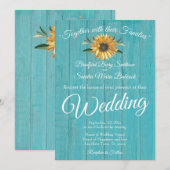 Rustige Blauwgroen Blauwe Barn Wood Sunflower Wedd Kaart (Voorkant / Achterkant)