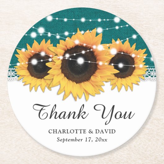 Rustige Blauwgroen bruidezonnebloembruiloft Ronde Kartonnen Onderzetter (Voorkant)