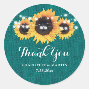 Rustige Blauwgroen Burlap Sunflower Wedding Favor Ronde Sticker