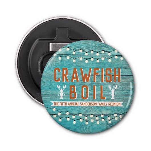 Rustige Blauwgroen Crawfish Boil Reunion Seafood P Button Flesopener (Voorkant)