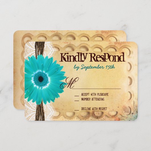 Rustige Blauwgroen Daisy Typography Wedding RSVP-k RSVP Kaartje (Voorkant / Achterkant)