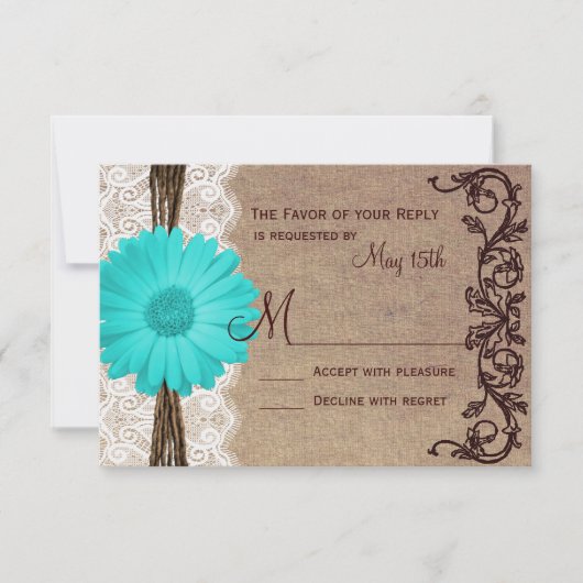 Rustige Blauwgroen Gerber Daisy Lace Wedding RSVP- RSVP Kaartje (Voorkant)