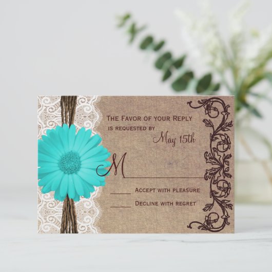 Rustige Blauwgroen Gerber Daisy Lace Wedding RSVP- RSVP Kaartje (Staand voorkant)