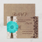 Rustige Blauwgroen Gerber Daisy Lace Wedding RSVP- RSVP Kaartje (Voorkant / Achterkant)