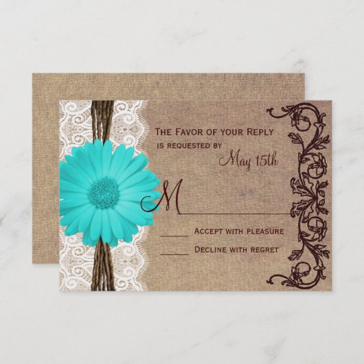Rustige Blauwgroen Gerber Daisy Lace Wedding RSVP- RSVP Kaartje (Voorkant / Achterkant)