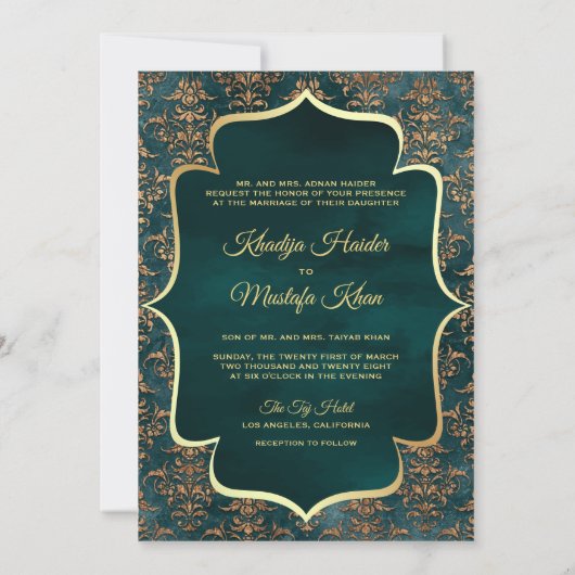 Rustige Blauwgroen gouden Damascus-moslimbruiloft Kaart (Achterkant)
