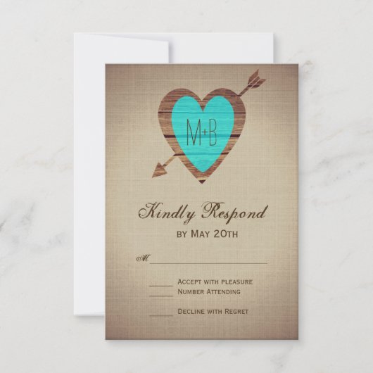 Rustige Blauwgroen heart Arrow Wedding RSVP-kaarte RSVP Kaartje (Voorkant)