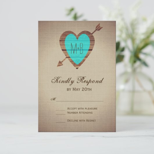 Rustige Blauwgroen heart Arrow Wedding RSVP-kaarte RSVP Kaartje (Staand voorkant)