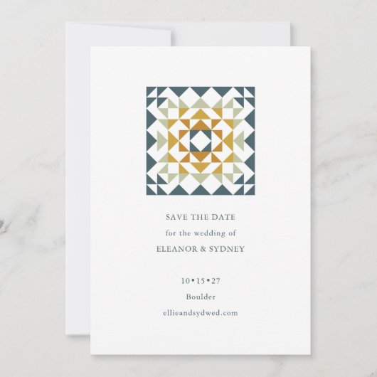 Rustige Blauwgroen herfst Geometric Quilt Wedding Save The Date (Voorkant)