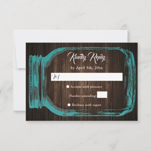 Rustige Blauwgroen houten harten Mason Jar Wedding RSVP Kaartje (Voorkant)