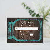Rustige Blauwgroen houten harten Mason Jar Wedding RSVP Kaartje (Staand voorkant)