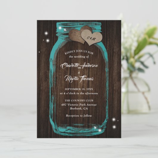 Rustige Blauwgroen houthakken Hart Mason Jar Weddi Kaart (Staand voorkant)