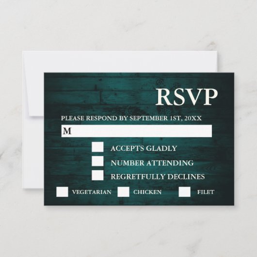 Rustige Blauwgroen houtskaarten RSVP & maaltijden (Voorkant)