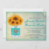 Rustige Blauwgroen Mason Jar Sunflower Wedding Inv Kaart (Voorkant)