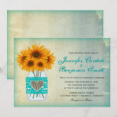 Rustige Blauwgroen Mason Jar Sunflower Wedding Inv Kaart (Voorkant / Achterkant)