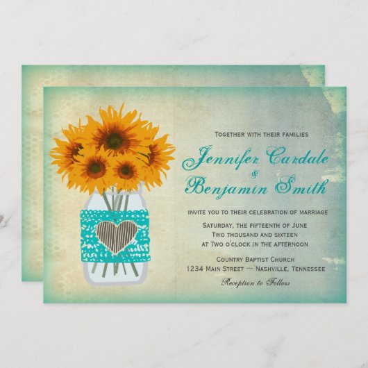 Rustige Blauwgroen Mason Jar Sunflower Wedding Inv Kaart (Voorkant / Achterkant)