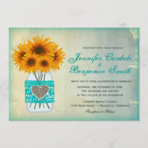Rustige Blauwgroen Mason Jar Sunflower Wedding Inv Kaart