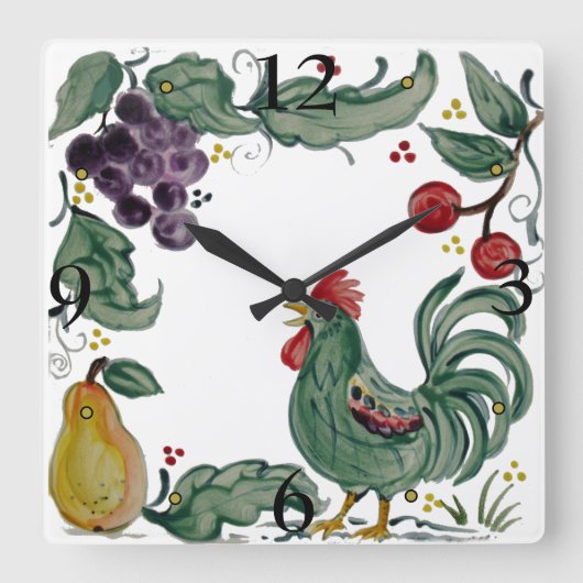Rustige Blauwgroen Rooster Fruit Folk Style Tegel  Vierkante Klok (Voorkant)