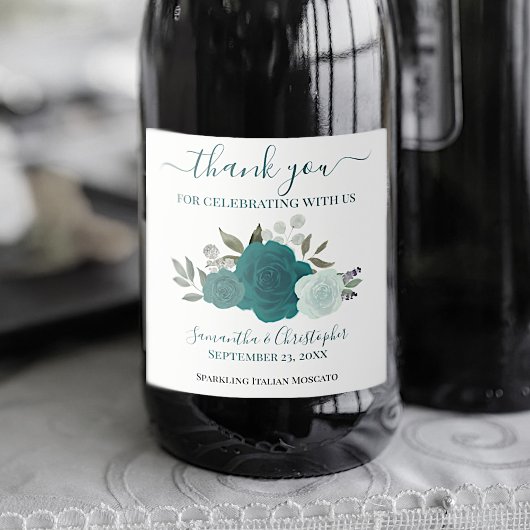 Rustige Blauwgroen Rozen Elegant Boho Wedding Beda Sparkling Wijnetiket