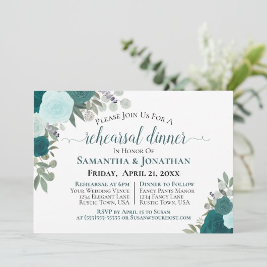 Rustige Blauwgroen Rozen Floral Wedding Rehearsal  Kaart (Staand voorkant)