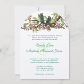 Rustige Blauwgroen Vogelroze Bloom Wedding Invite Kaart (Achterkant)