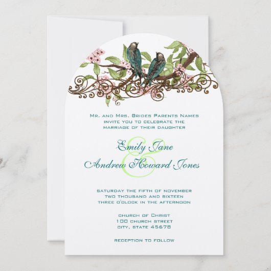 Rustige  Blauwgroen Vogelroze Bloom Wedding Invite Kaart (Achterkant)