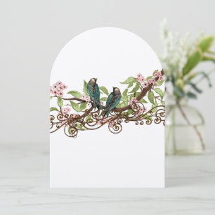 Rustige  Blauwgroen Vogelroze Bloom Wedding Invite Kaart