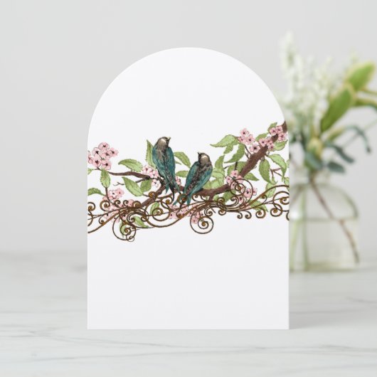 Rustige Blauwgroen Vogelroze Bloom Wedding Invite Kaart (Staand voorkant)