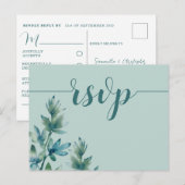Rustige Blauwgroen Waterverf Foliage Wedding RSVP Uitnodiging Briefkaart (Voorkant / Achterkant)