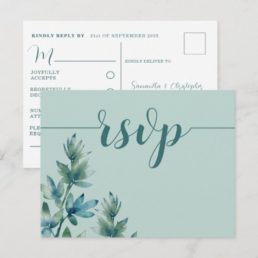 Rustige Blauwgroen Waterverf Foliage Wedding RSVP Uitnodiging Briefkaart (Voorkant / Achterkant)