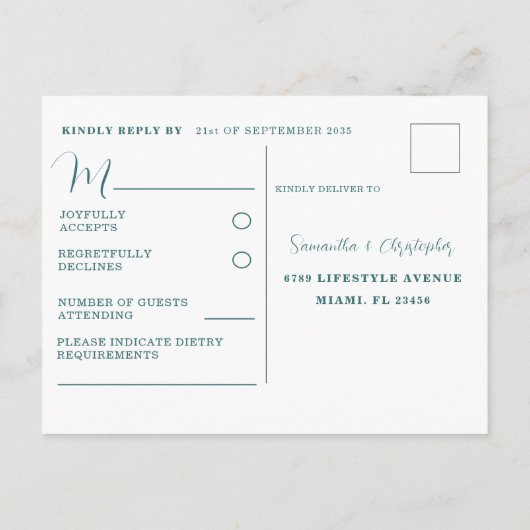 Rustige Blauwgroen Waterverf Foliage Wedding RSVP Uitnodiging Briefkaart (Achterkant)