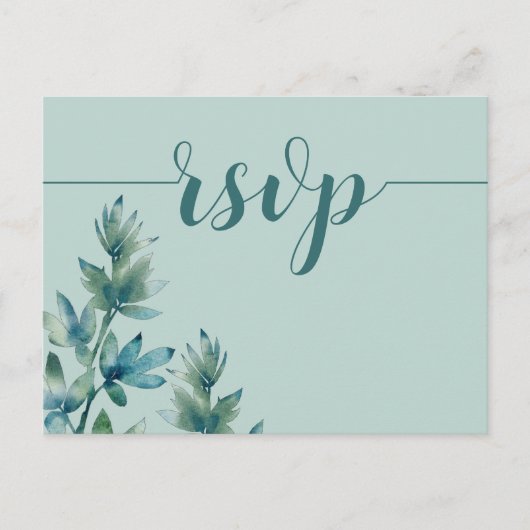 Rustige Blauwgroen Waterverf Foliage Wedding RSVP Uitnodiging Briefkaart (Voorkant)