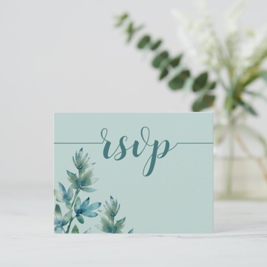 Rustige Blauwgroen Waterverf Foliage Wedding RSVP Uitnodiging Briefkaart (Staand voorkant)