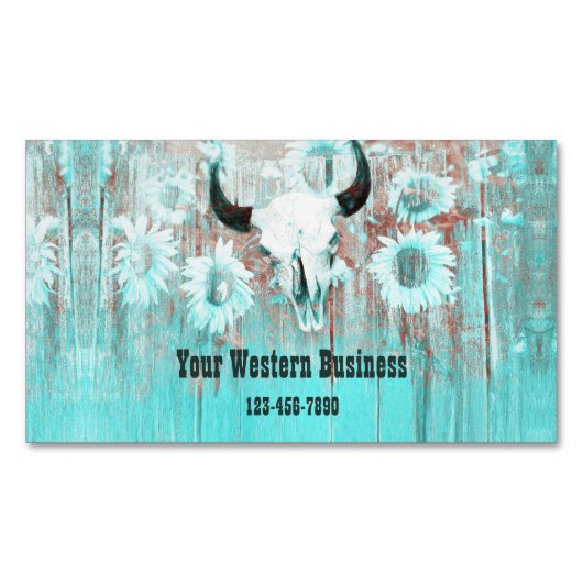 Rustige Blauwgroen Westerne bull Sull Sunflower op Magnetisch Visitekaartje (Voorkant)