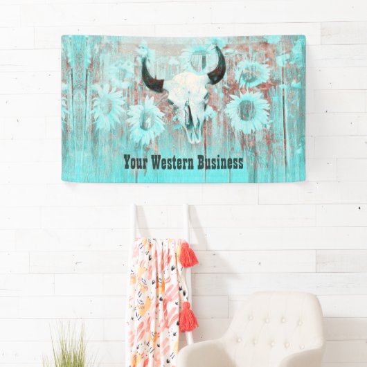 Rustige Blauwgroen Westerne bull Sull Sunflower op Spandoek (Insitu)