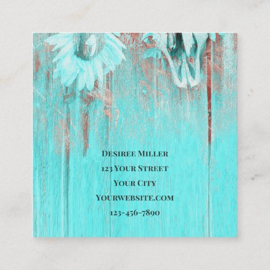 Rustige Blauwgroen Westerne bull Sull Sunflower op Vierkante Visitekaartje (Achterkant)