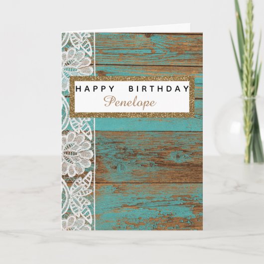 Rustige Blauwgroen Wood Lace Glitter Birthday Kaart (Voorkant)