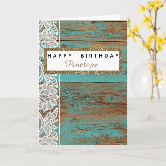 Rustige Blauwgroen Wood Lace Glitter Birthday Kaart (Gele Bloem)