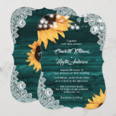 Rustige Blauwgroen Wood Lace Sunflower Wedding Kaart (Voorkant / Achterkant)