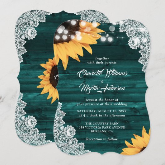 Rustige Blauwgroen Wood Lace Sunflower Wedding Kaart (Voorkant / Achterkant)