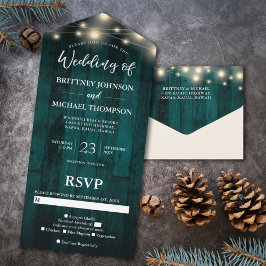 Rustige Blauwgroen Wood String Lights Wedding All In One Uitnodiging