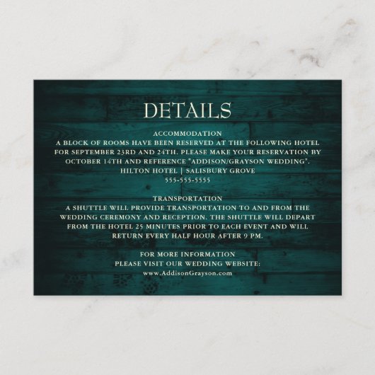 Rustige Blauwgroen Wood String Lights Wedding Deta Informatiekaartje (Voorkant)