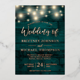 Rustige Blauwgroen Wood String Lights Wedding Folie Uitnodiging