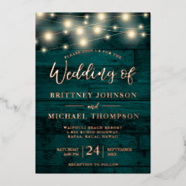 Rustige Blauwgroen Wood String Lights Wedding Folie Uitnodiging