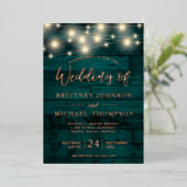 Rustige Blauwgroen Wood String Lights Wedding Folie Uitnodiging (Staand Voorkant)
