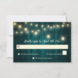 Rustige Blauwgroen Wood String Lights Wedding RSVP Kaartje